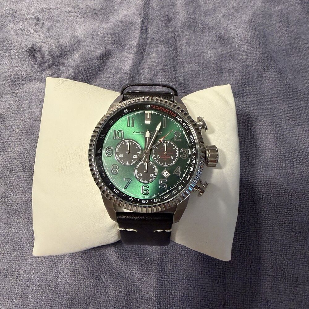 CHASE DURER CDW-0089 GREEN DIAL QUARTZ CHRONOGRAPH STEEL LEATHER WATCH  46MM